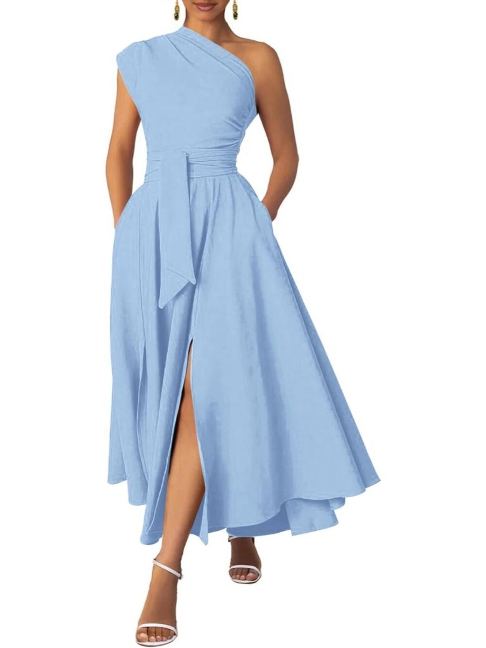 Women's Soft Blue Formal Wedding Flattering A-line One Shoulder Belt Maxi Dress